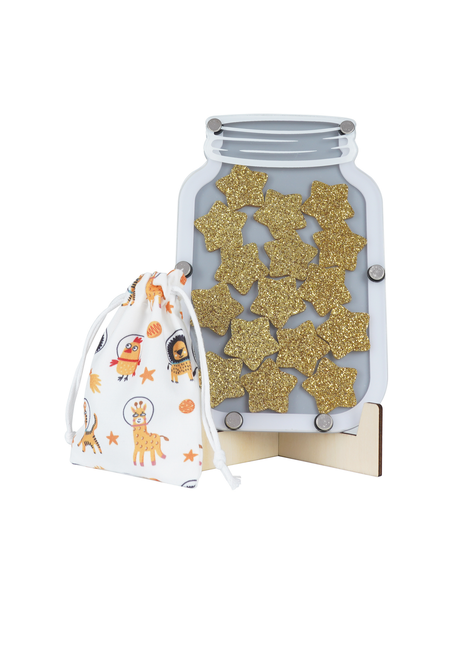 Colorful star jar reward system for kids, children's hands holding stars, star jar stars, replacement stars, blue star, gold star, pink star