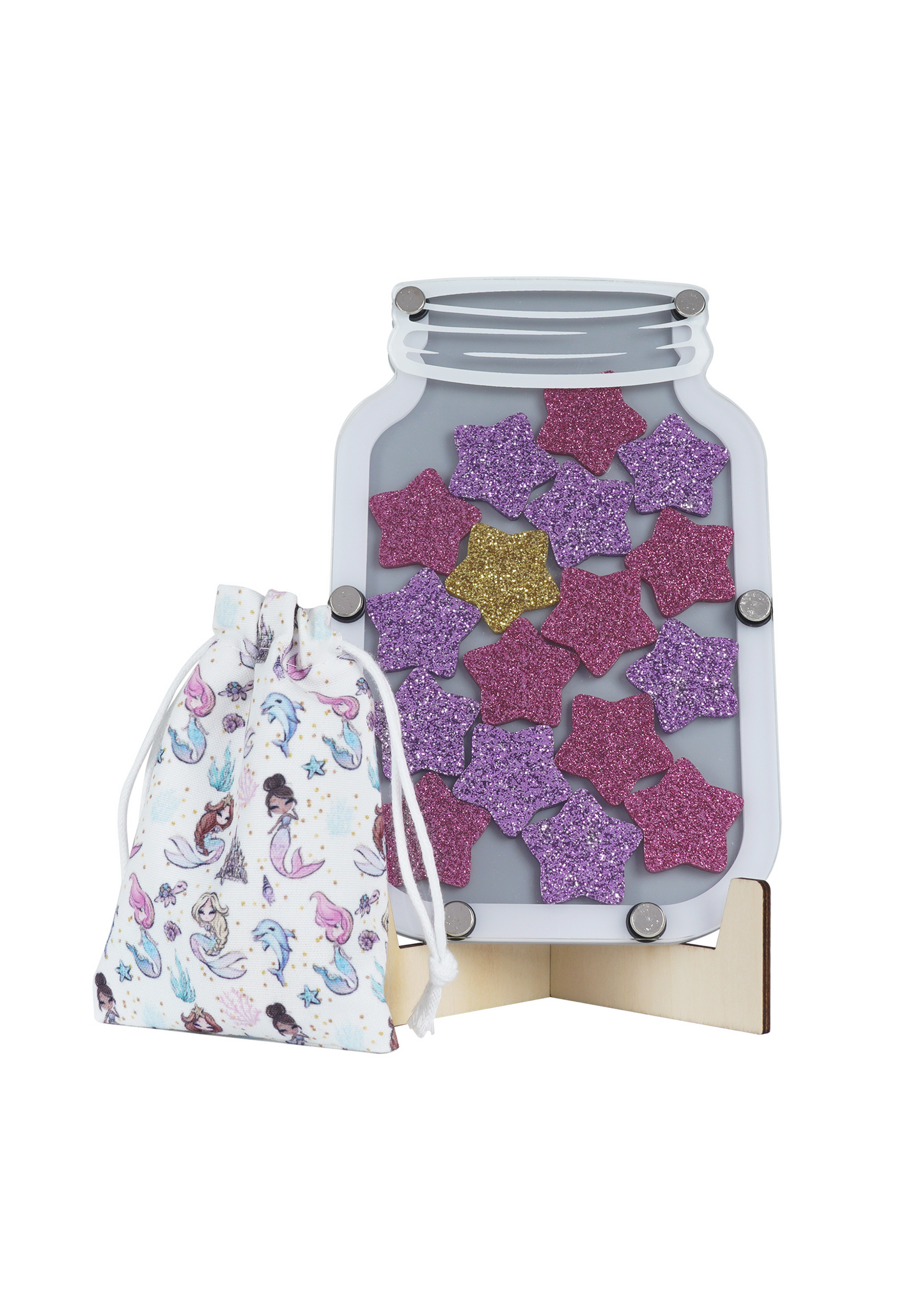 Colorful star jar reward system for kids, children's hands holding stars, star jar stars, replacement stars, blue star, gold star, pink star