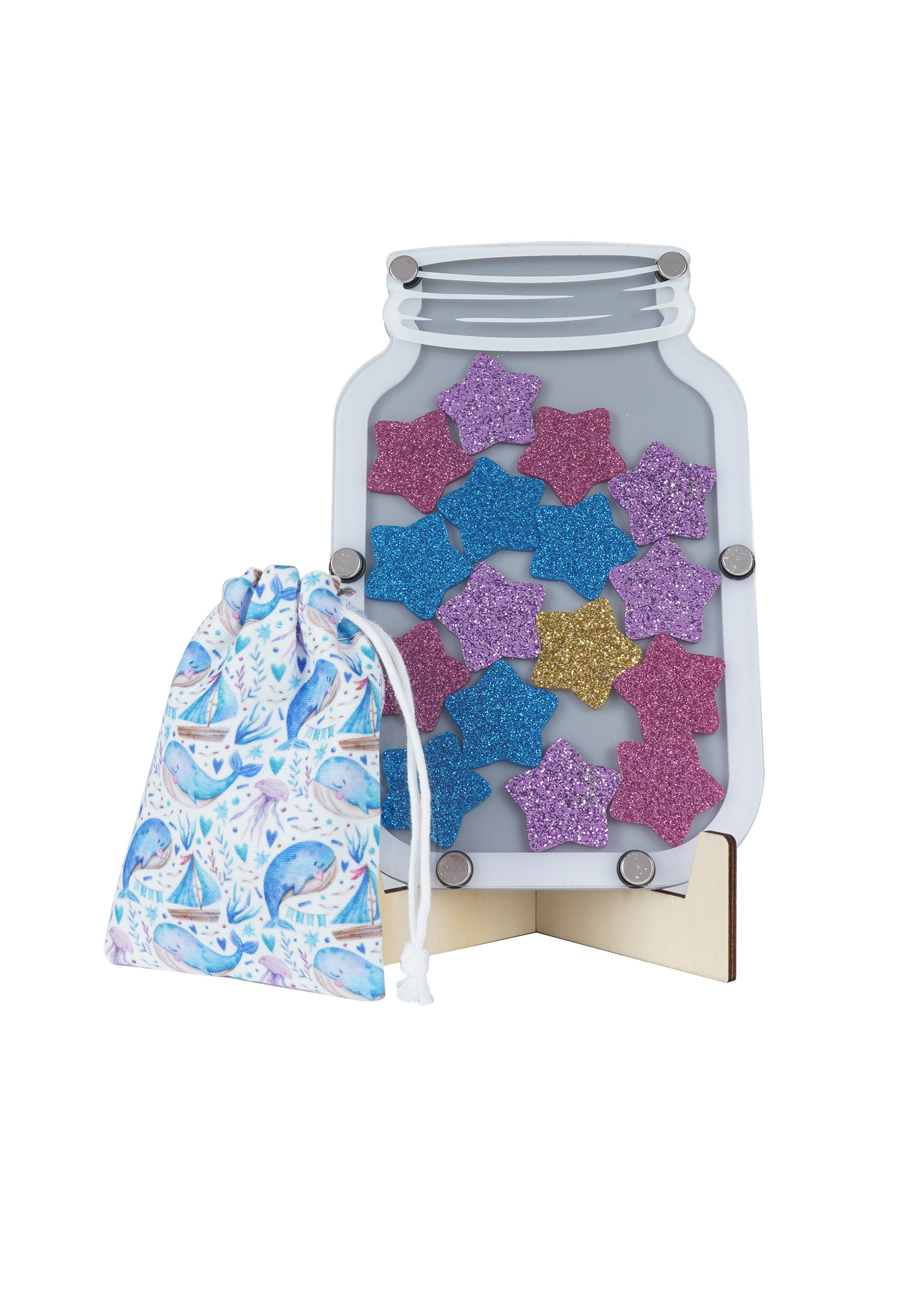 Colorful star jar reward system for kids, children's hands holding stars, star jar stars, replacement stars, blue star, gold star, pink star