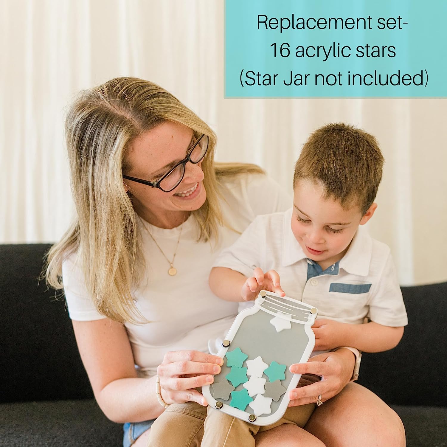 Colorful star jar reward system for kids, children's hands holding stars, star jar stars, replacement stars, blue star, gold star, pink star