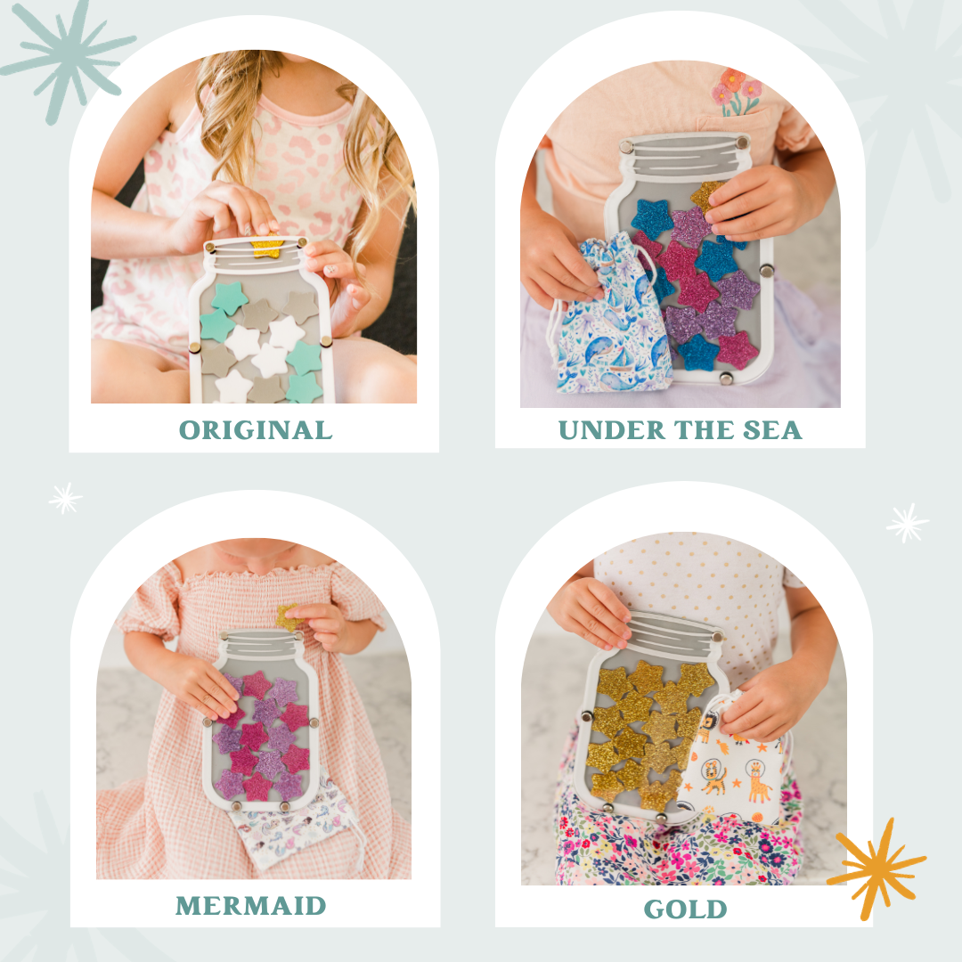 Colorful star jar reward system for kids, children's hands holding stars, star jar stars, replacement stars, blue star, gold star, pink star