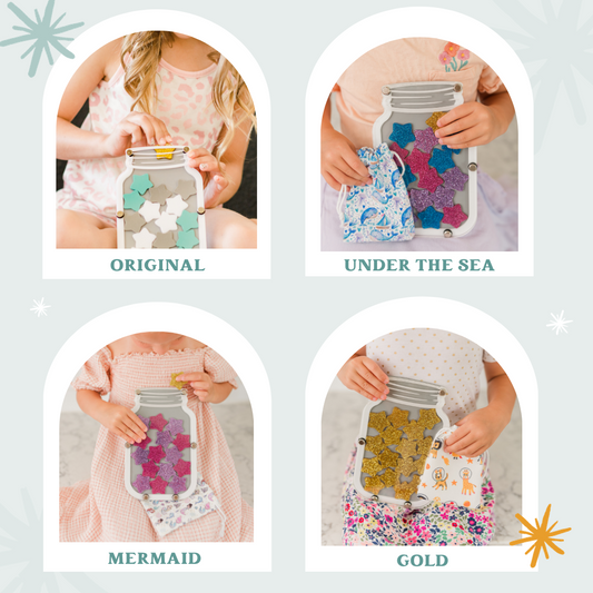 Colorful star jar reward system for kids, children's hands holding stars, star jar stars, replacement stars, blue star, gold star, pink star